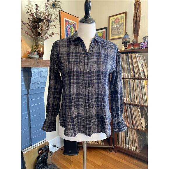 Madewell S Oversized Navy Blue White Plaid Wool Blend Flannel Button Down Shirt - Picture 5 of 12